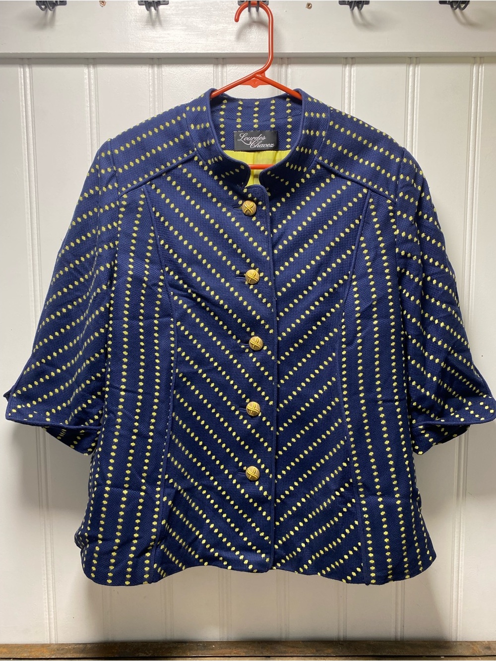 Lourdes Chavez Navy & Yellow Dot Chevron Button Jacket